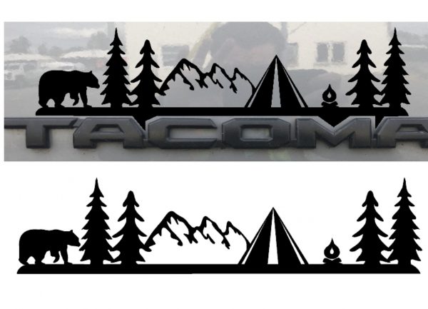 Tacoma Camping Decal with Mountains, Trees and a Bear